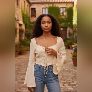 SHEIN Beige Lace-Up Blouse Size M